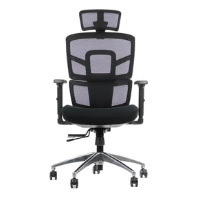 The product is an ergonomic office chair, specifically the Trex model. The chair features a modern design with a mesh back for breathability, adjustable armrests, and a cushioned seat, all supported by a five-point base with wheels for mobility.