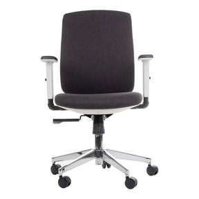 The product is an ergonomic office chair, model ZN-605. The chair features a sleek design with a gray fabric seat and backrest, adjustable armrests, and a chrome base with wheels for mobility.