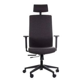 The product is an ergonomic office chair, specifically the model "ZN-807-B." The chair features a high backrest, adjustable armrests, and a headrest, all designed for comfort and support during long hours of use. Its sleek design is complemented by a dark fabric upholstery and a sturdy base with wheels for mobility.