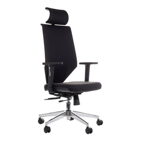 The image features an ergonomic office chair, model ZN-805-C. It has a sleek black design with a high backrest and an adjustable headrest, providing support for long hours of sitting. The chair includes armrests and a chrome base with wheels for mobility.
