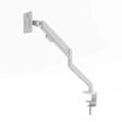 The product is a single monitor arm designed for ergonomic office setups. It features a sleek, adjustable arm that allows for flexible positioning of a monitor. The design is minimalist and predominantly white, with a clamp base for secure attachment to a desk.