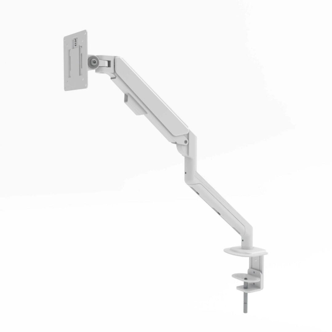 The product is a single monitor arm designed for ergonomic office setups. It features a sleek, adjustable arm that allows for flexible positioning of a monitor. The design is minimalist and predominantly white, with a clamp base for secure attachment to a desk.