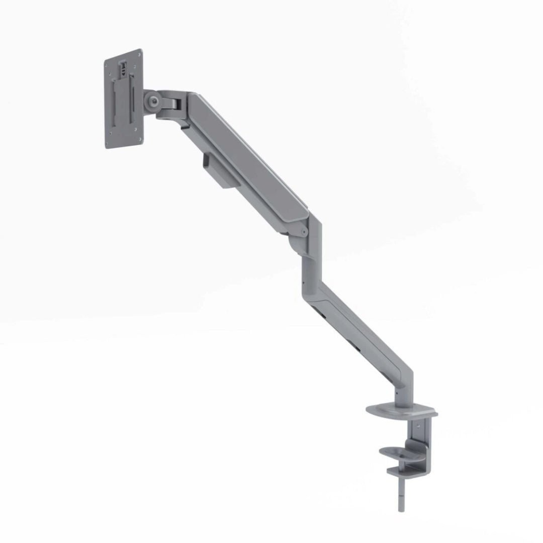 The product is a single monitor arm designed for ergonomic desk setups. It features a sleek, gray design that allows for adjustable positioning of a monitor, promoting better posture and workspace organization. The arm includes a clamp for easy attachment to a desk surface.