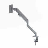The product is a single monitor arm designed for ergonomic desk setups. It features a sleek, gray design that allows for adjustable positioning of a monitor, promoting better posture and workspace organization. The arm includes a clamp for easy attachment to a desk surface.
