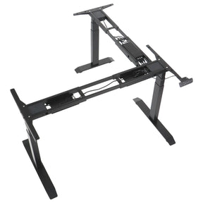 The product is a standing desk frame, specifically the Prato 04 model. The image shows a sturdy black metal frame designed to support a desktop surface, featuring adjustable legs for height customization. Visible elements include cable management features and a control panel for adjusting the desk height.