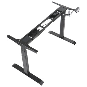The product is a standing desk frame, specifically the Prato 04 model. It features a sleek black design and includes adjustable legs for height customization. The image shows the frame's structure, highlighting the mechanical components and wiring, indicating its functionality for ergonomic use.
