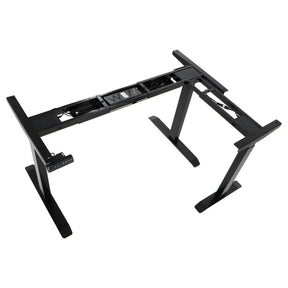 The product is a standing desk frame, specifically the UT04-2T-90A model. It features a sleek black design and is shown from an overhead angle, highlighting its sturdy legs and central support structure. The frame is designed for height adjustment, making it suitable for ergonomic office setups.