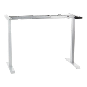 The product is a standing desk frame, specifically the model UT04-2T. It features a minimalist design with a sturdy metal structure in a sleek white finish. The image shows the frame's adjustable legs and a control panel for height adjustment, making it suitable for ergonomic office setups.