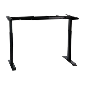 The product is a standing desk frame, specifically the UT04-2T model. It features a sleek black design with sturdy legs and a frame that supports a desktop surface. The image shows the frame without a top surface, highlighting its adjustable height and minimalist structure, suitable for ergonomic office setups.