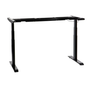 The product is a standing desk frame, model UT04-3T-A. It features a sleek, modern design with a black finish and is designed to support a tabletop for a height-adjustable workstation. The frame includes adjustable legs for customization of height, making it suitable for ergonomic use.