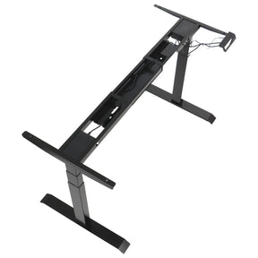 The product is a standing desk frame, model UT04E-3T. It features a sleek black design and is designed to support a desktop surface, with visible cable management options integrated into the frame. The structure includes sturdy legs that provide stability while allowing for height adjustments.