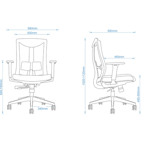 The product is an ergonomic office chair, specifically the UVI Energetic model. The image displays technical drawings showing the chair's dimensions, including its height, width, and depth, along with details of its adjustable features and design elements. The chair appears to have a modern design with a focus on comfort and support for prolonged sitting.