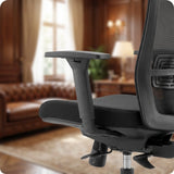The product is an ergonomic office chair, specifically the UVI Energetic model. The image shows a close-up of the chair's armrest and seat, highlighting its sleek design and adjustable features. The background suggests a sophisticated office environment with a cozy sofa and elegant decor.