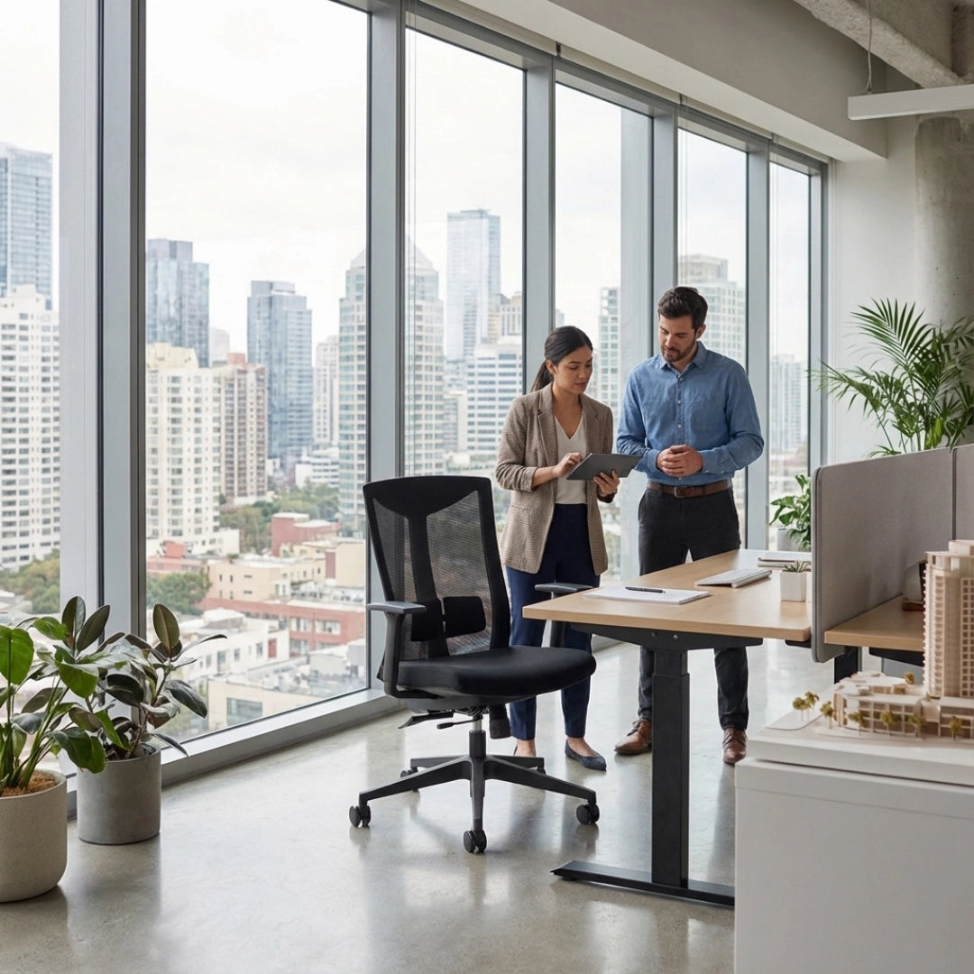 The product is an ergonomic office chair, specifically the UVI Energetic model. The image shows a modern office setting with large windows overlooking a cityscape. Two people, a woman and a man, are engaged in conversation while standing near a desk, and the chair is positioned nearby, highlighting its sleek design and functionality.
