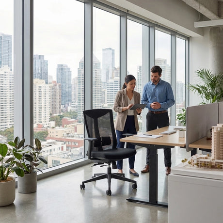 The product is an ergonomic office chair, specifically the UVI Energetic model. The image shows a modern office setting with large windows overlooking a cityscape. Two people, a woman and a man, are engaged in conversation while standing near a desk, and the chair is positioned nearby, highlighting its sleek design and functionality.