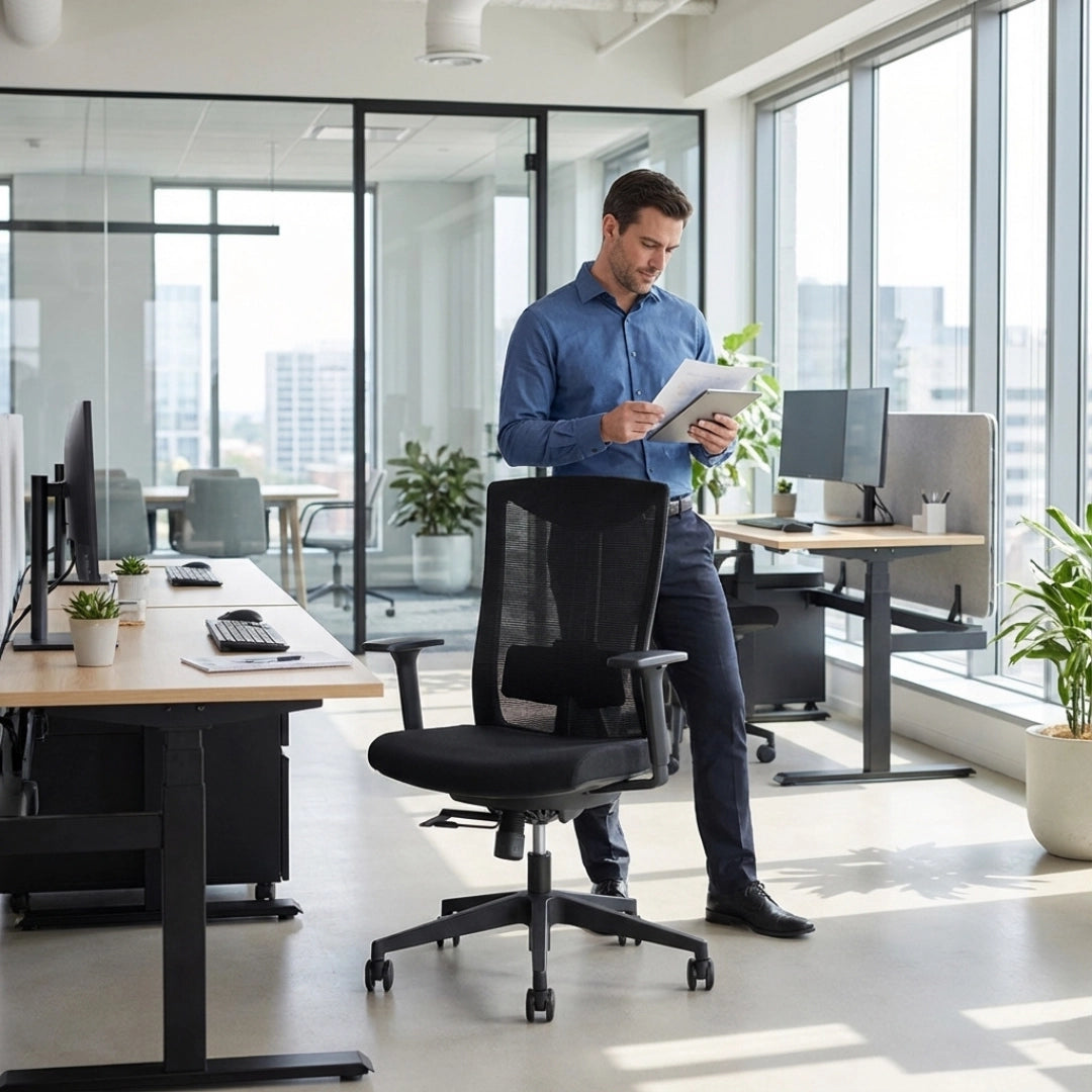 The image features an ergonomic office chair, specifically the UVI Energetic model. It showcases a modern office environment with a man standing beside the chair while reviewing documents. The chair is black with a mesh back, and the workspace includes desks with computers and plants, creating a professional and inviting atmosphere.