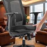 The image features an ergonomic office chair, specifically the UVI Energetic model. It showcases a sleek design with a mesh backrest and a cushioned seat. A hand is seen adjusting the armrest, highlighting the chair's adjustable features, set in a well-furnished office environment.