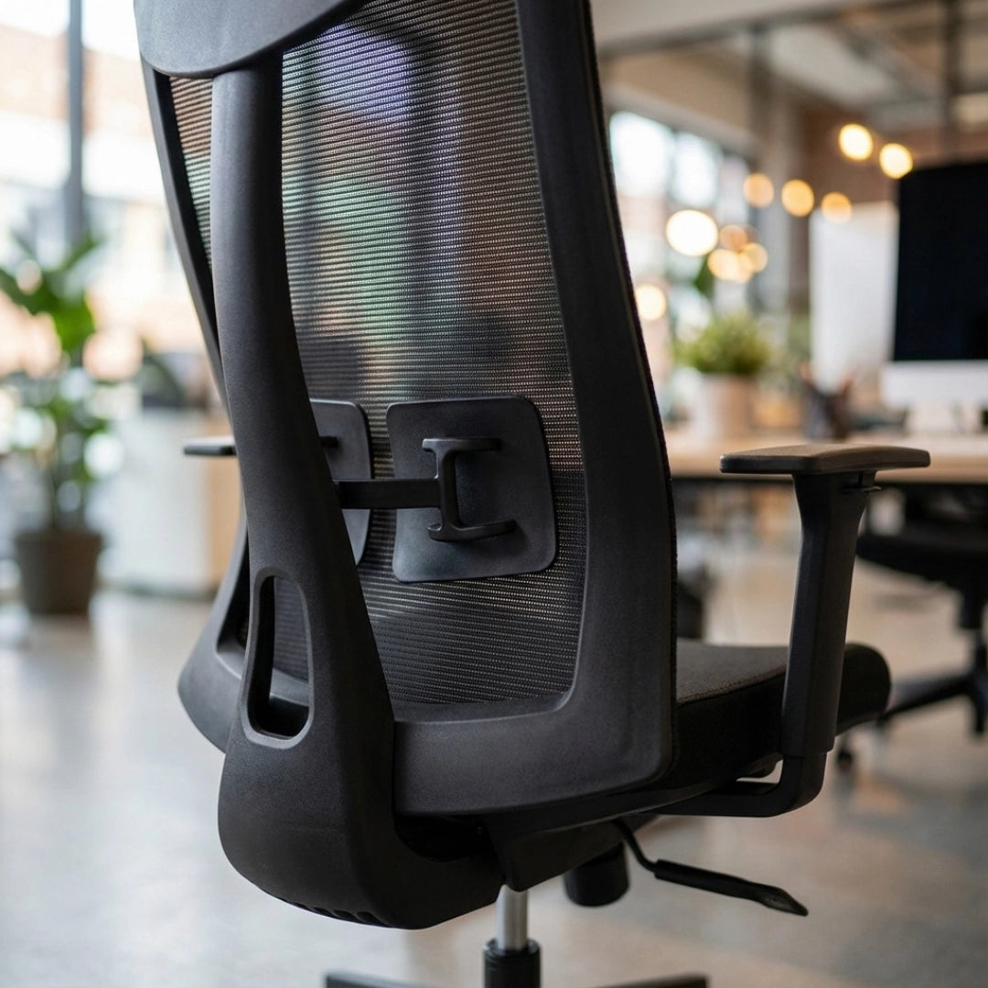The product is an ergonomic office chair, specifically the UVI Energetic model. The image shows the back of the chair, highlighting its mesh design and adjustable features, including armrests and a lever for height adjustment. The setting appears to be a modern office space with plants and soft lighting in the background.