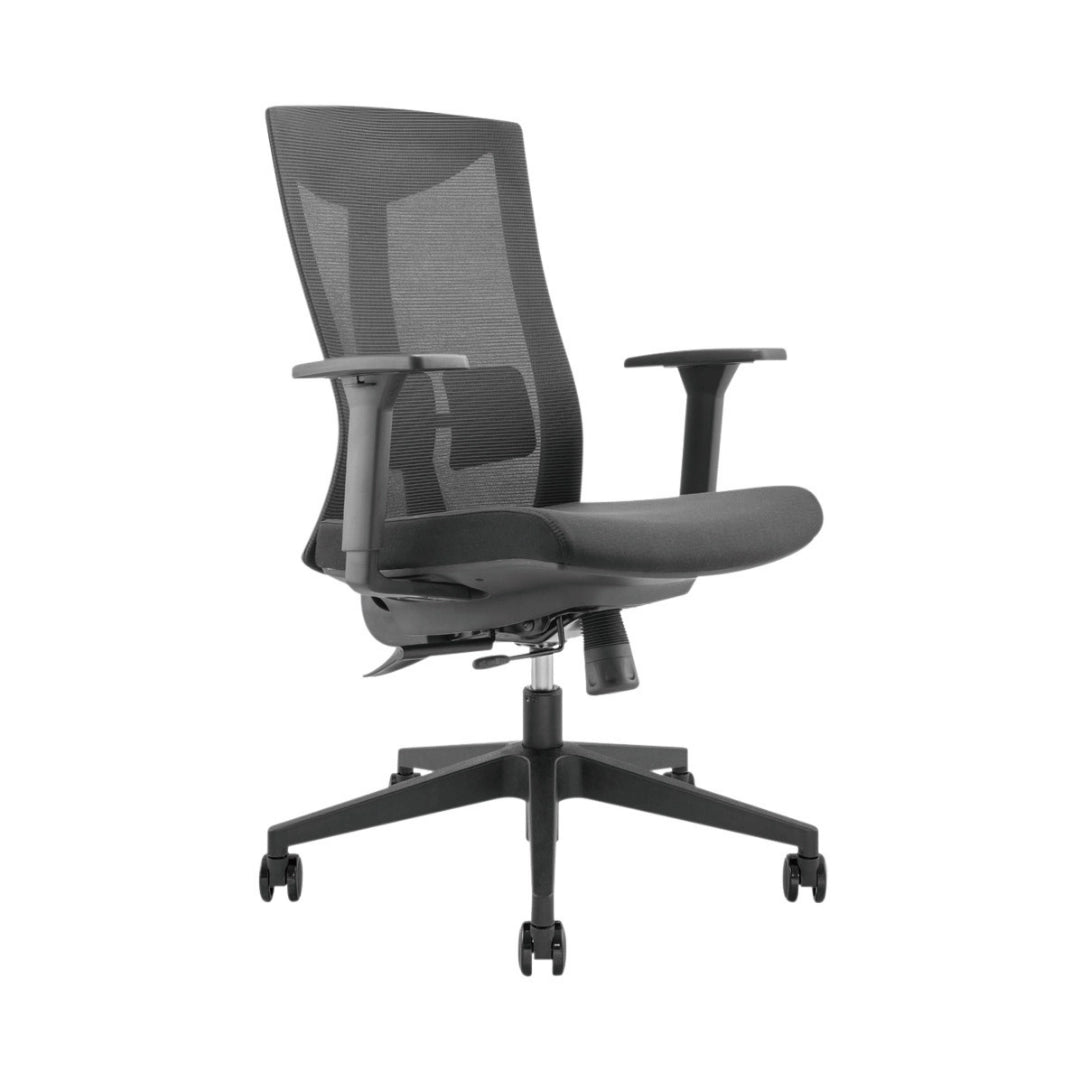 The product is an ergonomic office chair, specifically the UVI Energetic model. The chair features a high mesh backrest for breathability, a cushioned seat, and adjustable armrests, all supported by a five-point base with wheels for mobility. Its design emphasizes comfort and support for long hours of sitting.