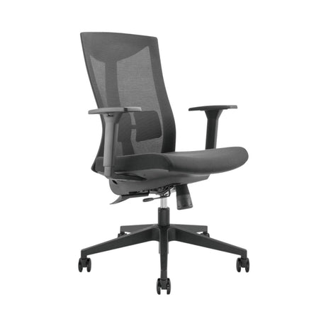 The product is an ergonomic office chair, specifically the UVI Energetic model. The chair features a high mesh backrest for breathability, a cushioned seat, and adjustable armrests, all supported by a five-point base with wheels for mobility. Its design emphasizes comfort and support for long hours of sitting.