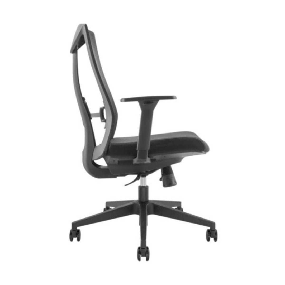 The product is an ergonomic office chair, specifically the UVI Energetic model. The image shows the chair from a side view, highlighting its sleek design with a breathable mesh back, adjustable armrests, and a comfortable seat. The chair is mounted on a five-point base with wheels for mobility.