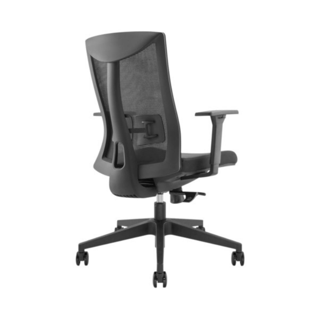 The product is an ergonomic office chair, specifically the UVI Energetic model. The image shows the chair from the back, highlighting its mesh backrest and adjustable armrests. The chair is designed for comfort and support, featuring a sleek, modern design with a five-point base and wheels for mobility.