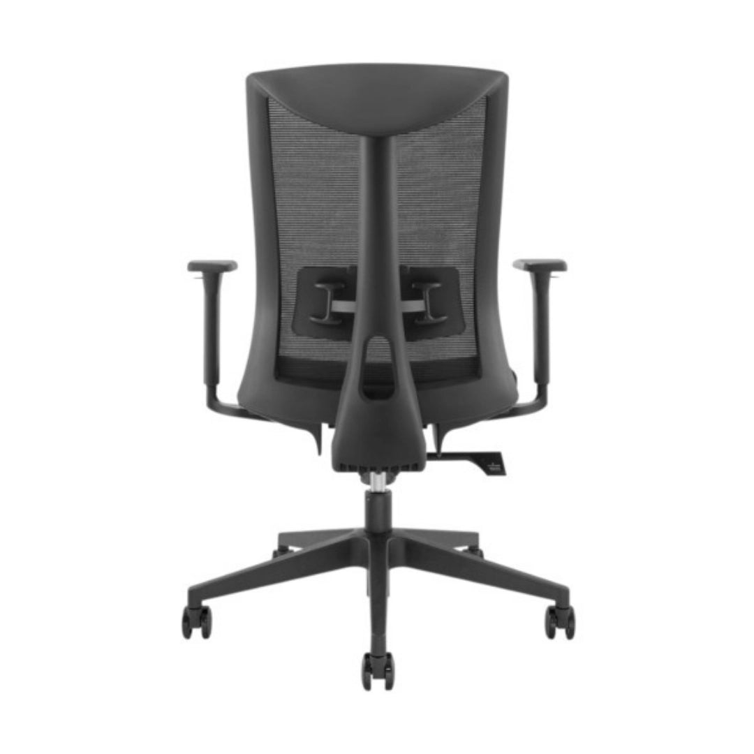 The product is an ergonomic office chair, specifically the UVI Energetic model. The image shows the back view of the chair, featuring a sleek design with a mesh back for breathability, adjustable armrests, and a sturdy base with wheels for mobility.