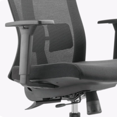 The product is an ergonomic office chair, specifically the UVI Energetic model. The image shows a close-up view of the chair's backrest and armrest, featuring a mesh design for breathability, a cushioned seat, and adjustable components for enhanced comfort.