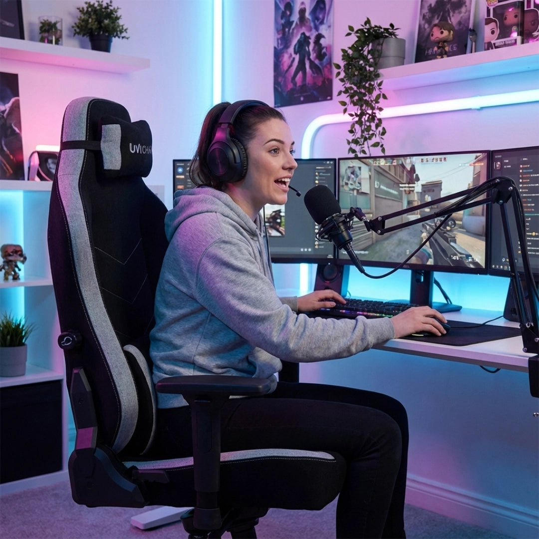 The image features a gaming ergonomic office chair from the brand UVI, specifically the UVI Alpha model. A woman is seated in the chair, wearing a hoodie and headphones, engaged in gaming at a dual-monitor setup. The background showcases a modern gaming environment with colorful LED lighting and decorative items.