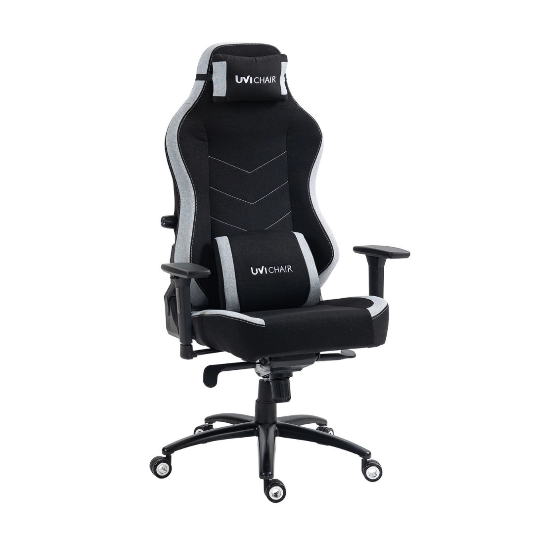The product is an ergonomic office chair designed for gaming, specifically the Uvi Alpha model by UviChair. The chair features a high back with a sleek design, padded armrests, and a lumbar support cushion, all in a combination of black and gray colors. It is built for comfort and support during long gaming or work sessions.