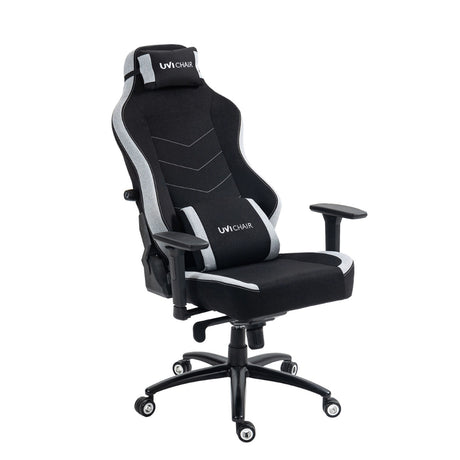 The product is an ergonomic office chair, specifically the UVI Alpha model. The chair features a sleek design with a combination of black and gray fabric, a high backrest for support, and adjustable armrests. It also includes a headrest and lumbar support cushion for added comfort, making it suitable for gaming or long hours of office use.