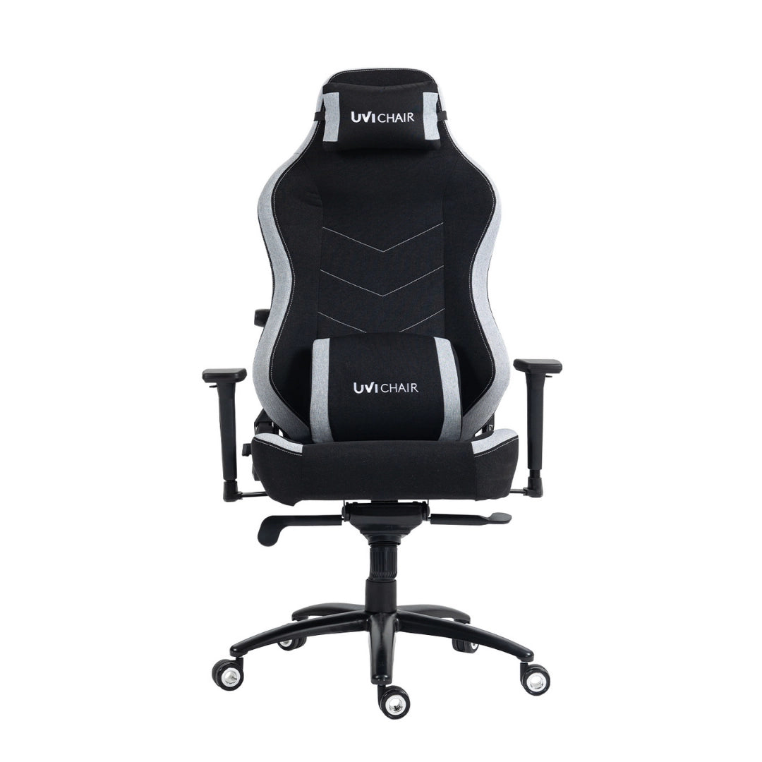 The product is an ergonomic office chair designed for gaming, specifically the Uvi Alpha model by UviChair. The image shows a sleek black chair with gray accents, featuring a high backrest, adjustable armrests, and a comfortable seat cushion, ideal for long hours of use.