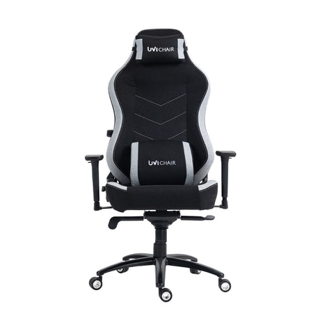 The product is an ergonomic office chair designed for gaming, specifically the Uvi Alpha model by UviChair. The image shows a sleek black chair with gray accents, featuring a high backrest, adjustable armrests, and a comfortable seat cushion, ideal for long hours of use.