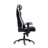 The product is an ergonomic office chair designed for gaming, specifically the UVI Alpha model. The image shows the chair in a side view, featuring a high backrest, adjustable armrests, and a sleek black and gray color scheme. It appears to have a sturdy base with wheels for mobility, emphasizing comfort and support for extended use.