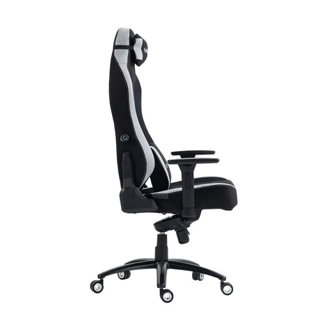 The product is an ergonomic office chair designed for gaming, specifically the UVI Alpha model. The image shows the chair in a side view, featuring a high backrest, adjustable armrests, and a sleek black and gray color scheme. It appears to have a sturdy base with wheels for mobility, emphasizing comfort and support for extended use.