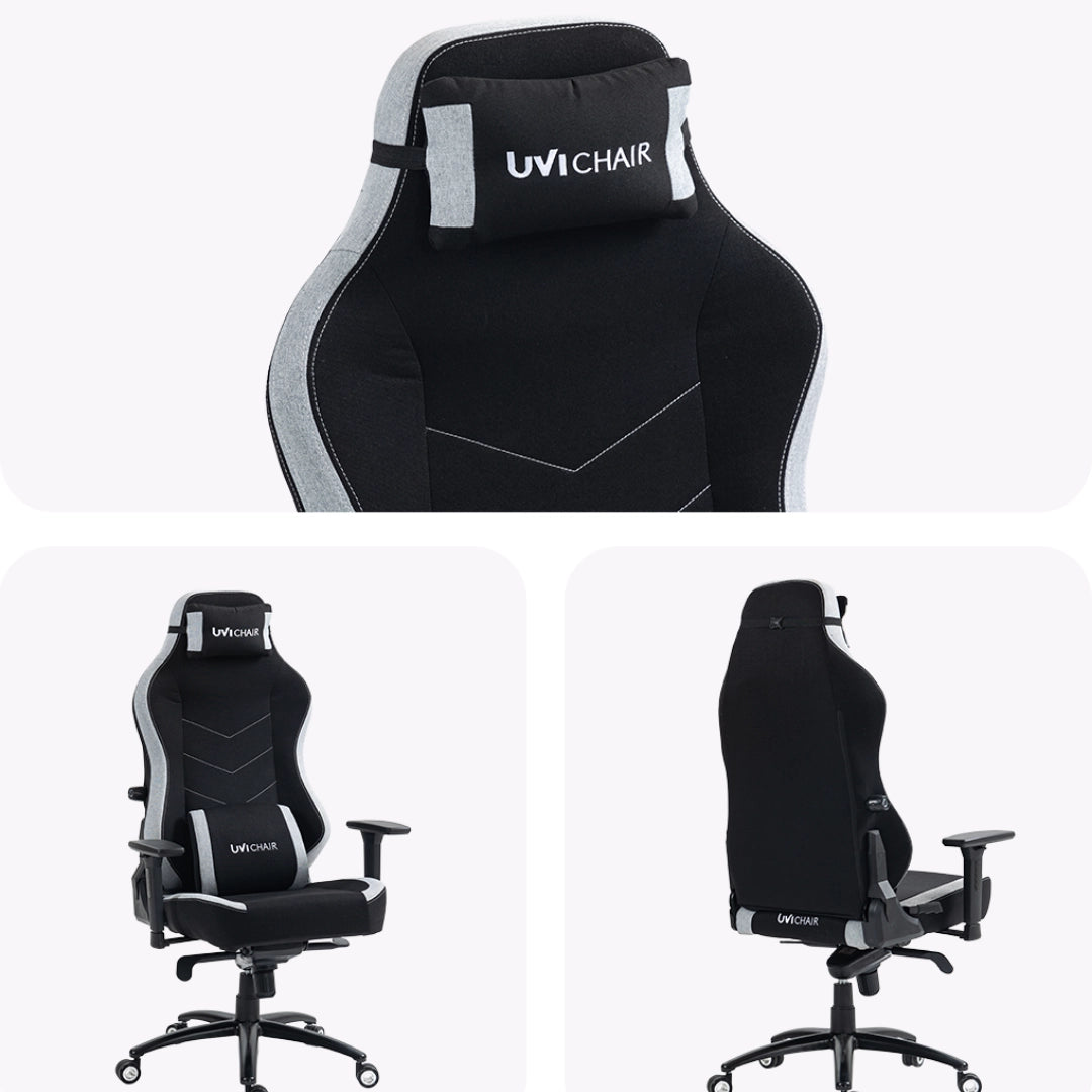The product is an ergonomic office chair designed for gaming, specifically the UVI Alpha model. The chair features a sleek design with a high backrest, lumbar support pillow, and a combination of black and gray fabric. It has adjustable armrests and a five-point base with wheels for mobility, making it suitable for long hours of use.