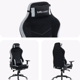 The product is an ergonomic office chair designed for gaming, specifically the UVI Alpha model. The chair features a sleek design with a high backrest, lumbar support pillow, and a combination of black and gray fabric. It has adjustable armrests and a five-point base with wheels for mobility, making it suitable for long hours of use.