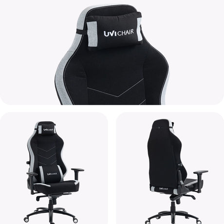 The product is an ergonomic office chair designed for gaming, specifically the UVI Alpha model. The chair features a sleek design with a high backrest, lumbar support pillow, and a combination of black and gray fabric. It has adjustable armrests and a five-point base with wheels for mobility, making it suitable for long hours of use.