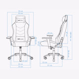 The product is an ergonomic office chair designed for gaming, specifically the Uvi Alpha model. The image displays the chair from both the front and side views, highlighting its dimensions and features such as adjustable armrests and a supportive backrest. The design emphasizes comfort and functionality for extended use.