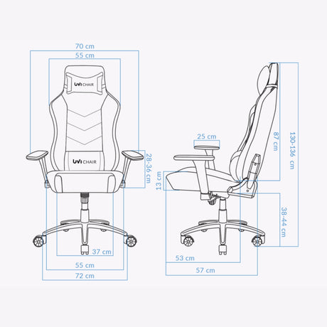 The product is an ergonomic office chair designed for gaming, specifically the Uvi Alpha model. The image displays the chair from both the front and side views, highlighting its dimensions and features such as adjustable armrests and a supportive backrest. The design emphasizes comfort and functionality for extended use.