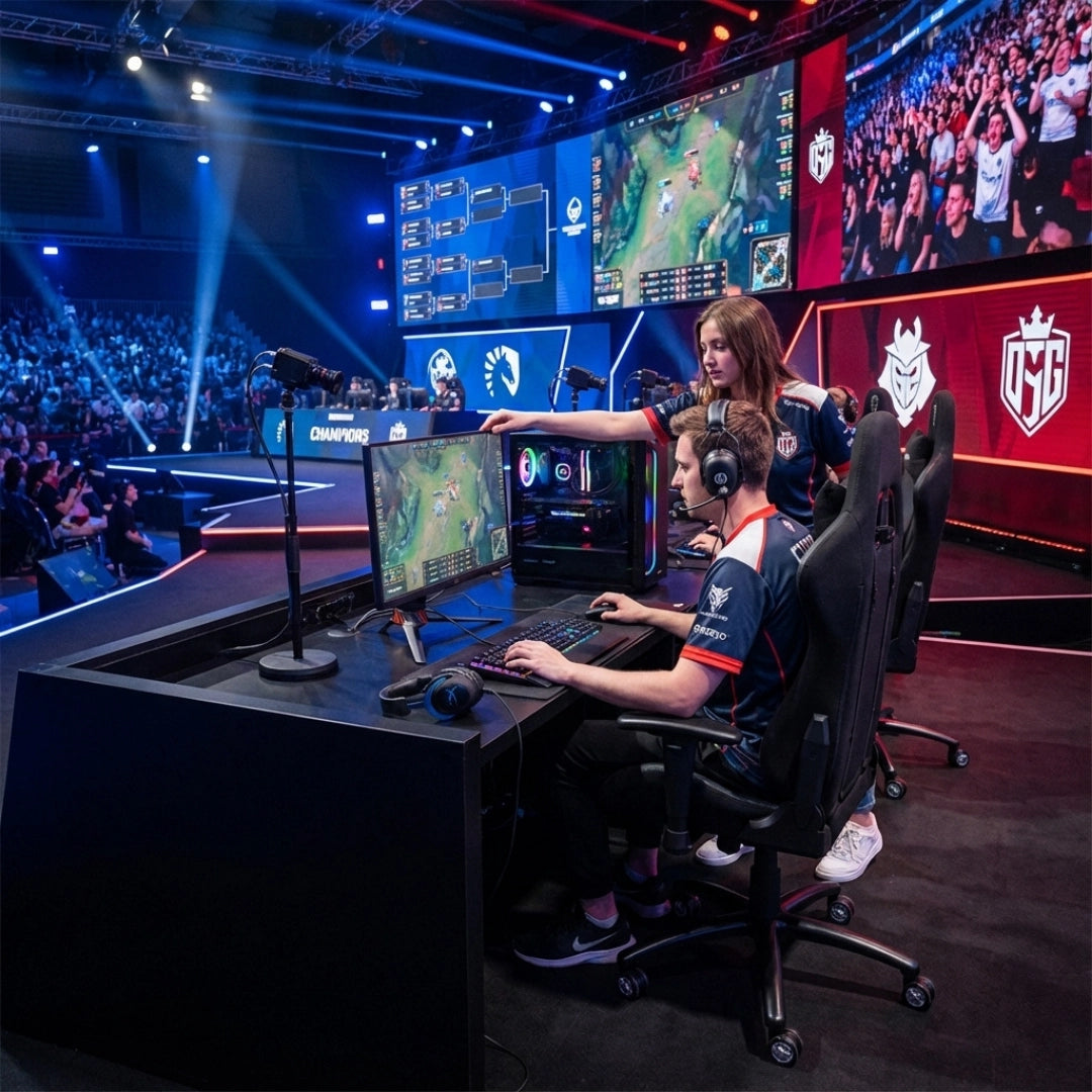 The image features a gaming ergonomic office chair, specifically the UVI model in black. It shows two gamers in a competitive esports setting, with one player focused on a monitor displaying a game, while another points at the screen. The environment is lively, with a large audience in the background and vibrant stage lighting.