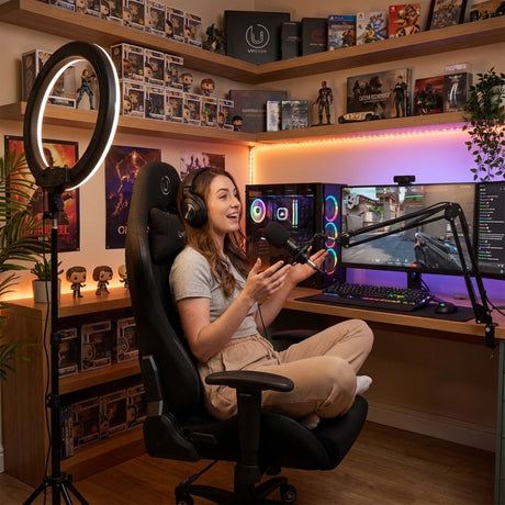 The image features an ergonomic office chair designed for gaming, specifically the UVI brand model "Back in Black." It shows a person sitting comfortably in the chair while engaging with a microphone and computer setup, which includes dual monitors displaying a gaming interface and colorful RGB lighting. The background is decorated with collectibles and ambient lighting, creating a vibrant gaming environment.