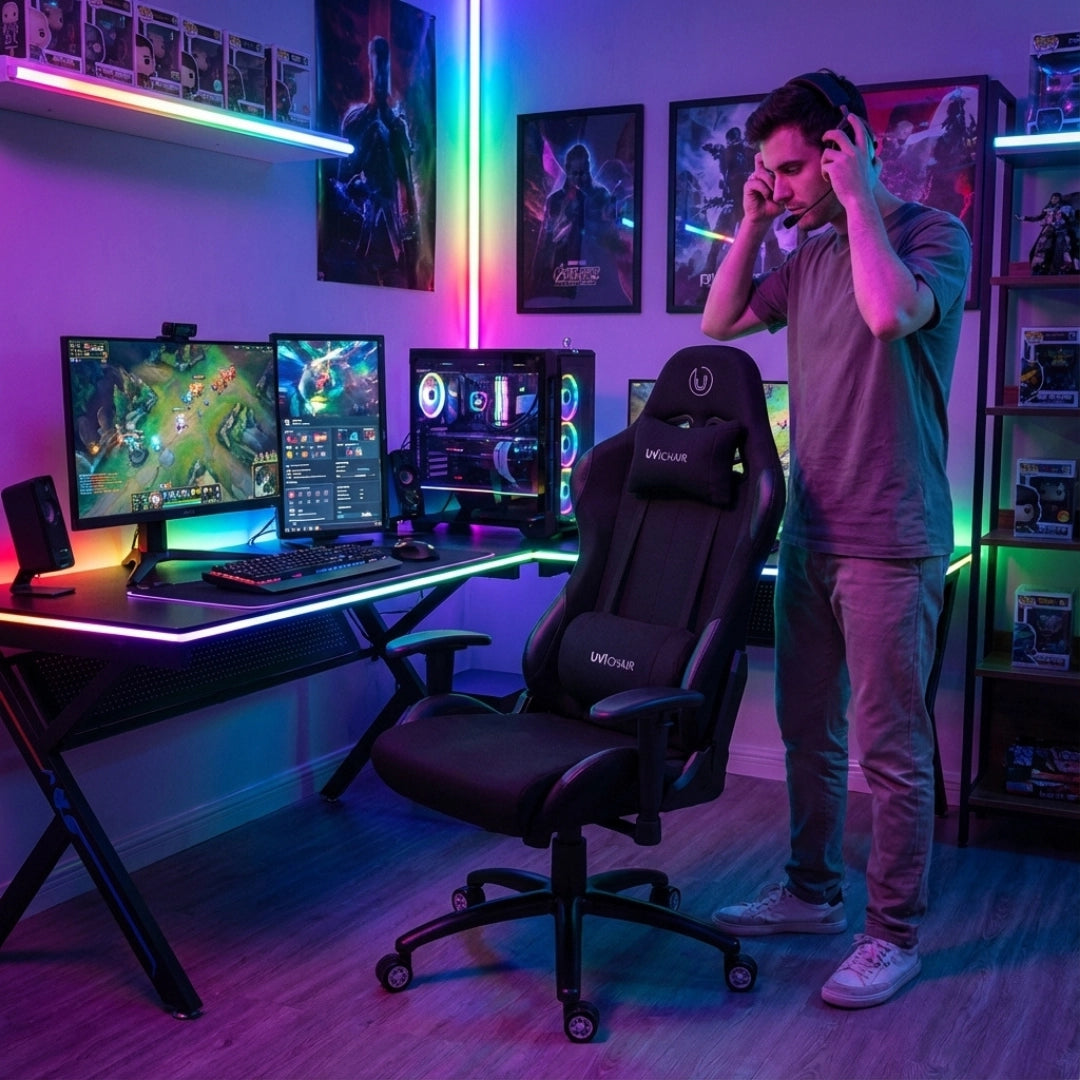 The image features a gaming ergonomic office chair, specifically the UVI chair model in black. The scene includes a person standing near the chair, which is positioned in a colorful gaming setup with dual monitors displaying a game, a gaming PC with RGB lighting, and ambient lighting that enhances the gaming atmosphere.