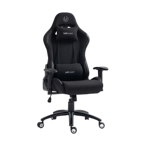 The product is an ergonomic gaming office chair, specifically the UVI Chair model. The chair features a sleek black design with a high backrest, padded seat, and adjustable armrests. It also includes a lumbar support pillow for added comfort during long gaming or work sessions.