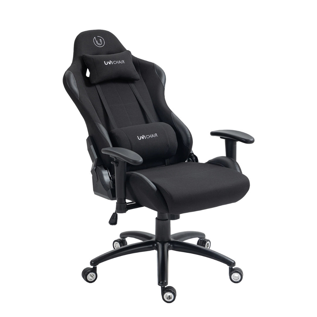The product is an ergonomic office chair designed for gaming, specifically the UVI Chair model. The chair features a sleek black design with a high backrest, adjustable armrests, and a supportive headrest. It is built for comfort and style, making it suitable for long gaming or work sessions.
