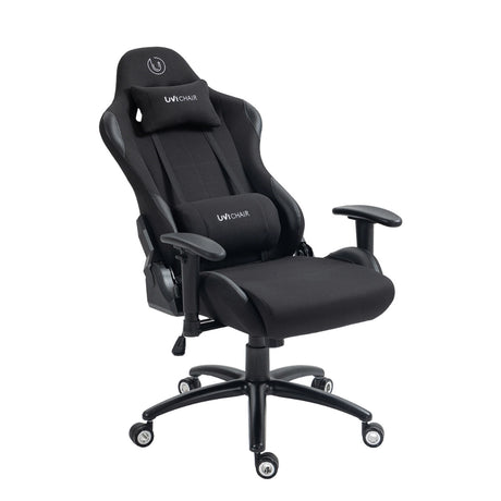 The product is an ergonomic office chair designed for gaming, specifically the UVI Chair model. The chair features a sleek black design with a high backrest, adjustable armrests, and a supportive headrest. It is built for comfort and style, making it suitable for long gaming or work sessions.