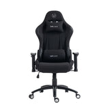 The product is an ergonomic office chair designed for gaming, specifically the UVI Chair model in black. The chair features a high backrest with adjustable lumbar support pillows, armrests, and a five-star base with wheels for mobility. The overall design emphasizes comfort and support for extended periods of sitting.