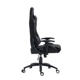 The product is an ergonomic office chair designed for gaming, specifically the UVI model in black. The image shows the chair from the side, highlighting its tall backrest, adjustable armrests, and a sturdy base with wheels for mobility. The overall design emphasizes comfort and support, suitable for long hours of use.