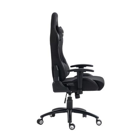 The product is an ergonomic office chair designed for gaming, specifically the UVI model in black. The image shows the chair from the side, highlighting its tall backrest, adjustable armrests, and a sturdy base with wheels for mobility. The overall design emphasizes comfort and support, suitable for long hours of use.