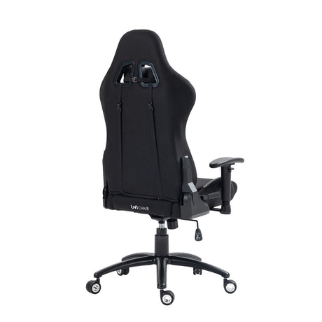The product is an ergonomic office chair designed for gaming, specifically the UVI Chair model in black. The image shows the back view of the chair, featuring a sleek design with a high backrest, adjustable armrests, and a sturdy base with wheels for mobility. The chair is upholstered in a black fabric, emphasizing a modern and stylish appearance.